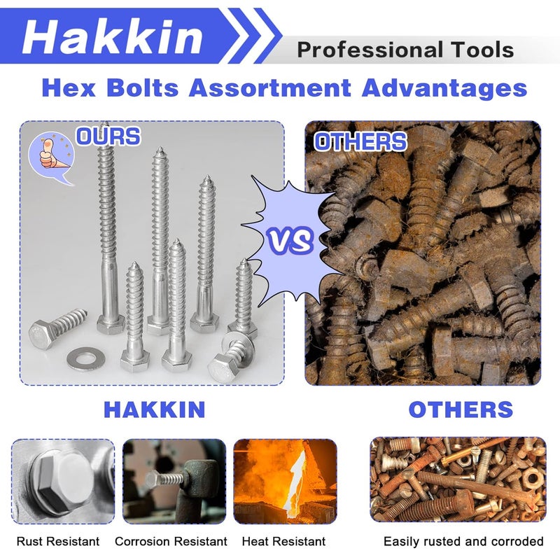 Hakkin 5/16" Hex Lag Bolts Screws Washer Assortment Kit 1" 1-1/4" 1-1/2" 2" 2-1/2" 3" 3-1/2" 4",92Pcs Stainless Steel Lag Screws,Heavy Duty Hexagon Head Lag Bolt Wood Screws Washer Kit by - Image 3
